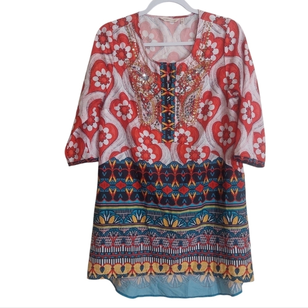 Soft Surroundings Red Beaded Seychelles Boho Tunic Top- size XS